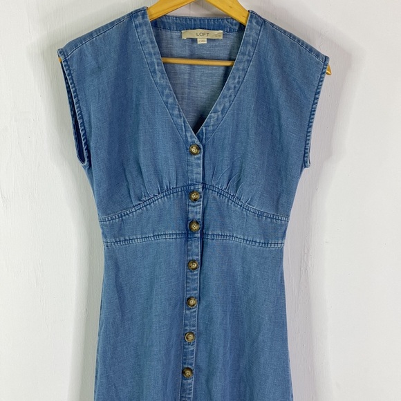 Loft Petite Chambray Button Down Flare Dress in Botanic Blue - Picture 3 of 13